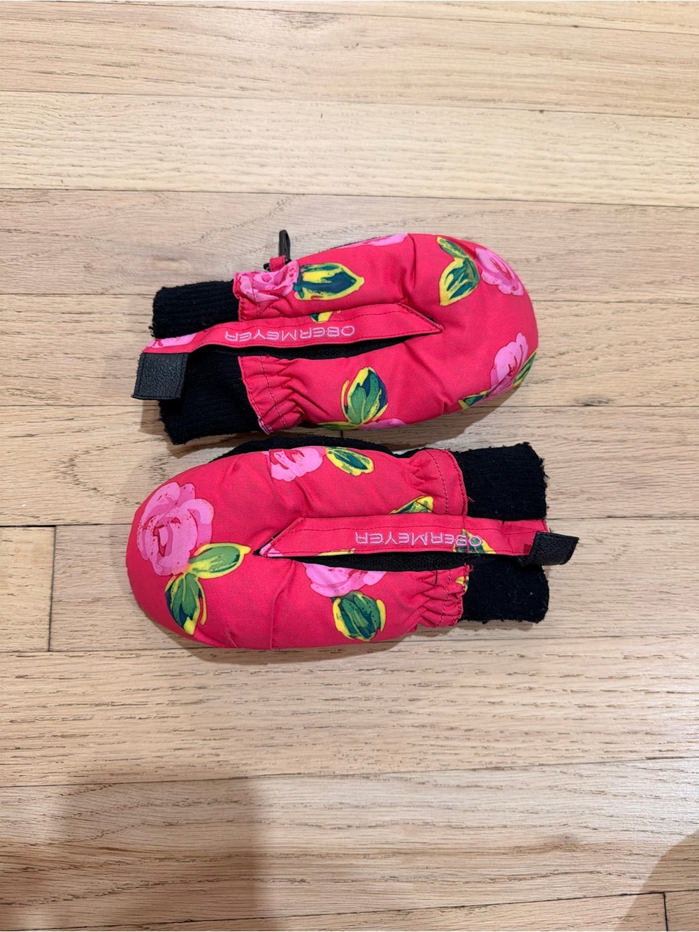 Obermeyer Kids Bright Pink Floral Mittens with Black Cuffs